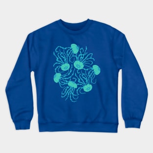 JELLIES Gently Swimming Jellyfish Coastal Ocean Undersea Aquarium Sea Creatures in 1970s Retro Turquoise on Blue - UnBlink Studio by Jackie Tahara Crewneck Sweatshirt